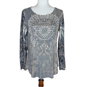 BLUE Woman's Tunic Top Burnout Studded Blingy Medallion Pattern Long Sleeve Sz L